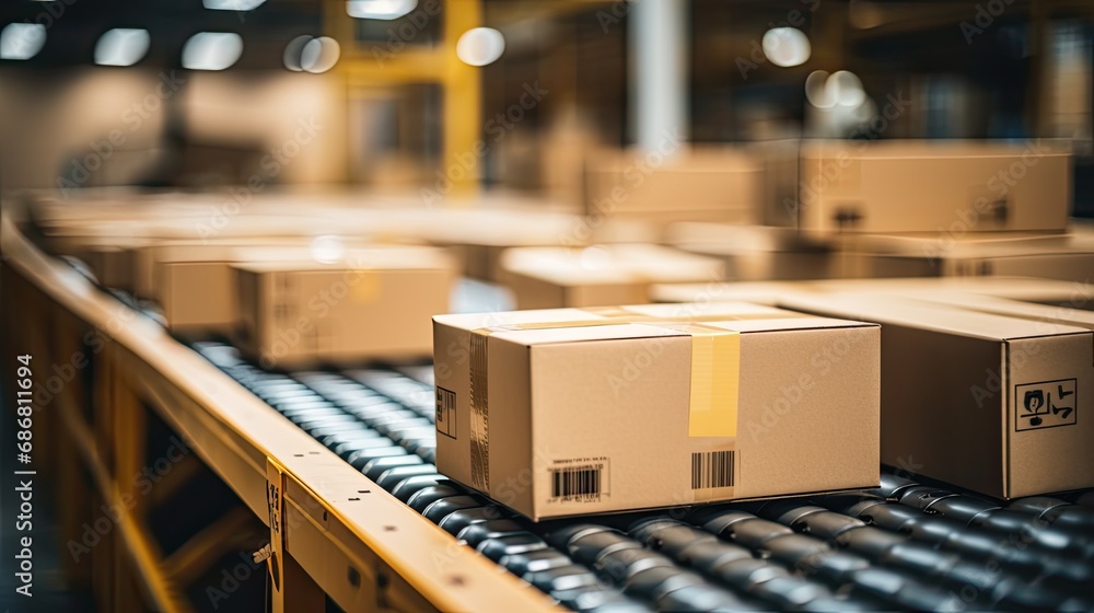 Cardboard boxes on the distribution line of a package shipping company. Cardboard boxes on the distribution line of a package shipping company.