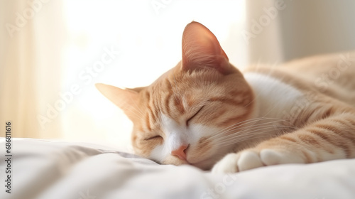adorable cat sleeping soundly on a bed, perfect for veterinary and pet care promotions