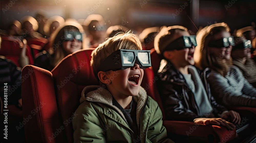 Children watching a 3D movie on the cinema.