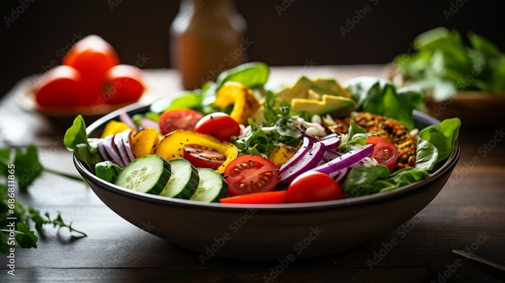 Fresh vegetable salad and buddha bowl are both healthy vegetarian food concepts.