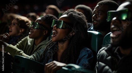 People at the cinema, watching a movie with 3D glasses.