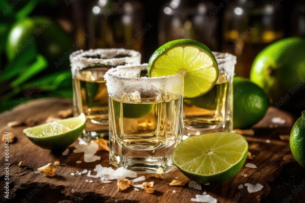 Tequila with lime and salt on the table, selective focus Tequila with lime and salt on the table, selective focus