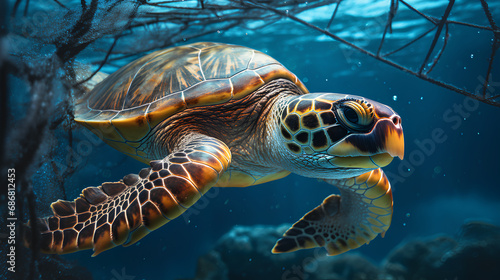 Sea turtles and fishing nets, aquatic animal conservation concept.
