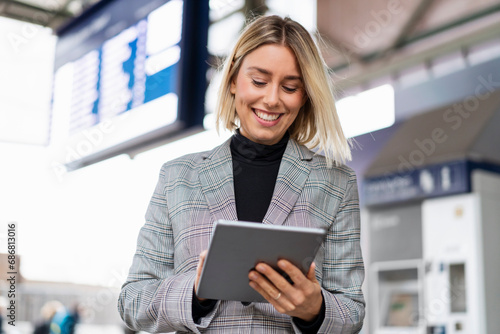 Smiling young businesswoman using tablet at the train station