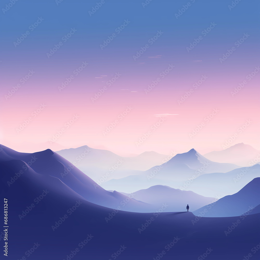 minimalist mountain landscape at dawn with a lone figure and soft pastel sky