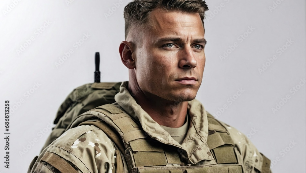 Caucasian male soldier in combat attire with a stern expression, white backdrop Caucasian male soldier in combat attire with a stern expression, white backdrop