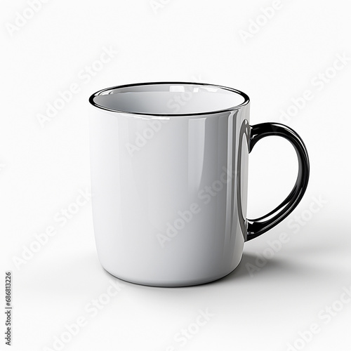 classic white enamel mug with a glossy finish and black rim mockup on white background
