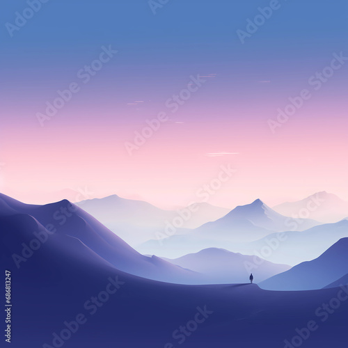 minimalist mountain landscape at dawn with a lone figure and soft pastel sky