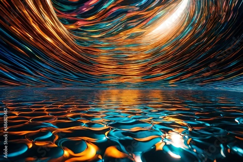 A surreal landscape of liquid metallic waves, reflecting a spectrum of colors, as if capturing the essence of a parallel dimension where physics behaves differently. photo
