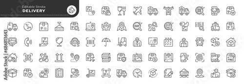 Set of contour icons in linear style. Series - Delivery, logistics, cargo transportation.Outline icon collection. Conceptual pictogram and infographic.