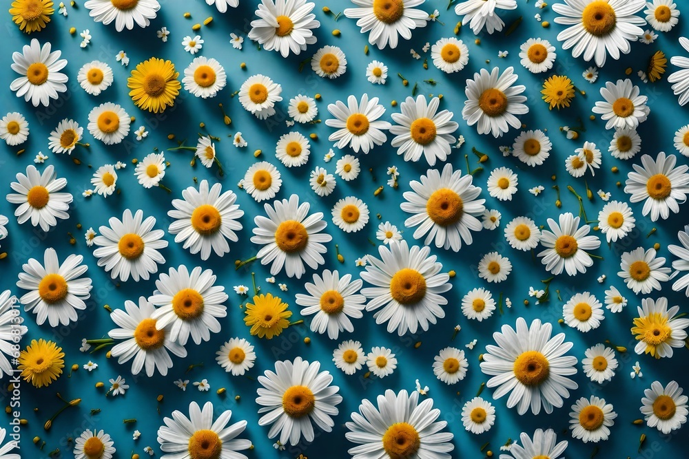 A delightful flat lay pattern featuring chamomile flowers arranged in a repetitive design on a serene blue background. A delightful flat lay pattern featuring chamomile flowers arranged in a repetitive design on a serene blue background.