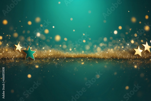 New Year s and Christmas Gold Green Star Background Web Banner. Teal Green and Golden Abstract Glitter Bokeh Background with Selective Focus.