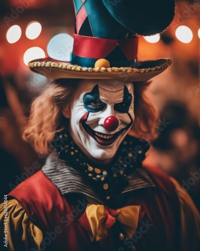 Clown in Red Costume Against Blurred Lights photo