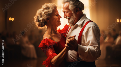 Portrait of an elderly happy couple in classic clothes taking a dance lesson in the ballroom