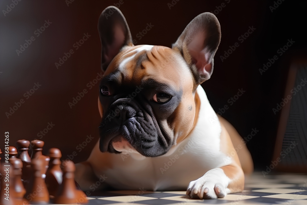 Portrait of French Bulldog in sunglasses and checkerboard collar laying on the checkerboard floor with chessmen on dark background