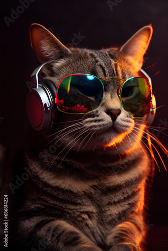 Portrait of party dj cat with headphones and sunglasses on black background