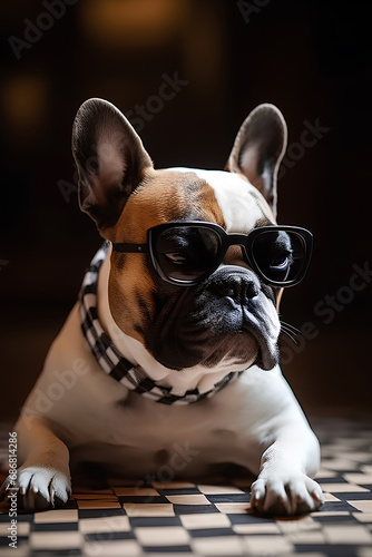 Portrait of French Bulldog in sunglasses and checkerboard collar laying on the checkerboard floor on dark background © tynza
