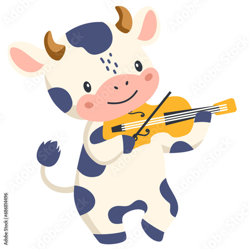 Flat vector illustration. Cute bull or cow dancing and playing guitar. Children's illustration on white background . Vector illustration
