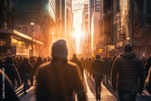 A large crowd of people walking down a street in a city. Many people walk on the street in the winter cold season on the golden hour in the main area of the city.