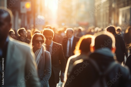 A large crowd of people walking down a street in a city. Many people walk on the street in the winter cold season on the golden hour in the main area of the city. photo