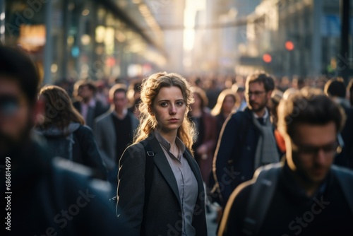 A young woman stands out in a bustling city crowd during the morning rush hour, illuminated by the soft sunlight