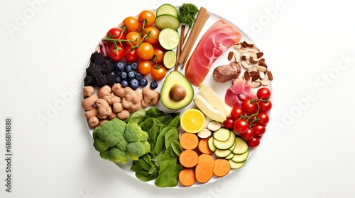 A healthy food pie chart that is isolated on a white background and includes food sources of carbohydrates, proteins, and fats in the correct proportions for diet, healthy eating, and photo