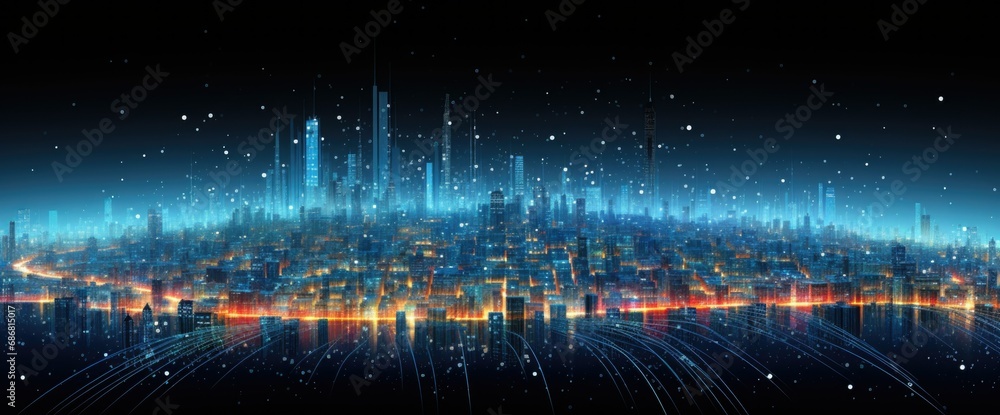 A futuristic city skyline illuminated at night, with glowing buildings and vibrant lights reflecting on a darkened horizon A futuristic city skyline illuminated at night, with glowing buildings and vibrant lights reflecting on a darkened horizon