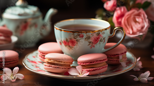 Exquisite Imagery: Delicate Porcelain Teacup, Crisp Macaron Pastries, and Enchanting Flowers in Pastel Hues, Creating a Subtle and Elegant Scene - Perfect for Backgrounds, Banners, or Wallpaper