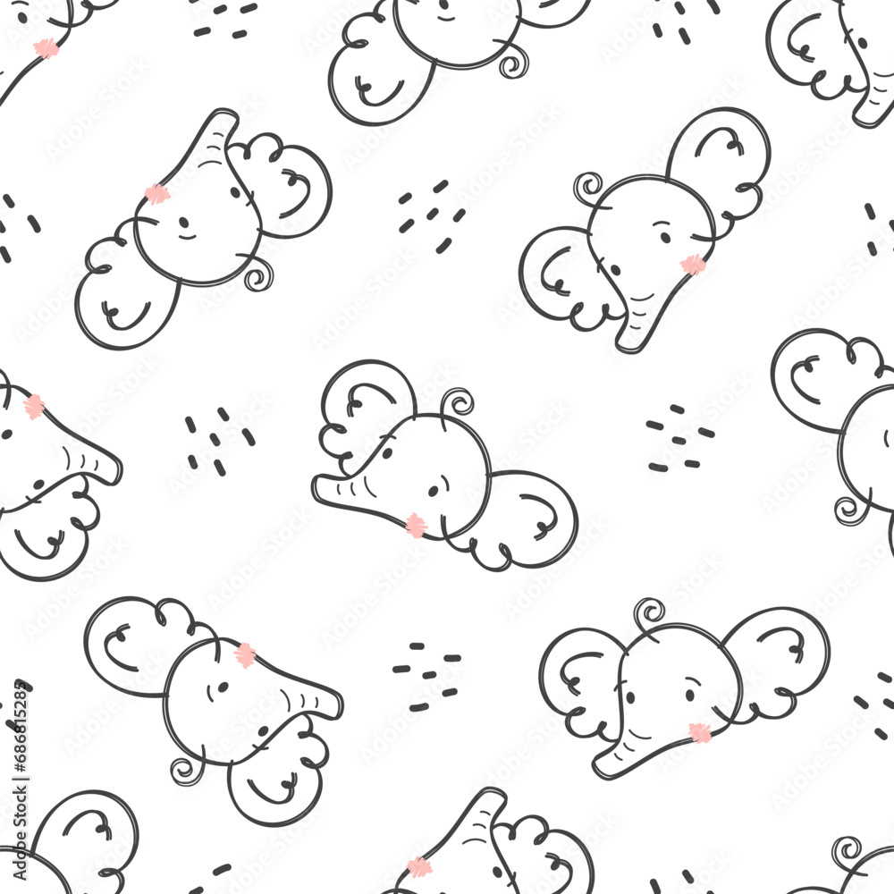 Seamless vector pattern. Cute elephant faces in doodle style. Hand drawn drawing . Vector illustration Seamless vector pattern. Cute elephant faces in doodle style. Hand drawn drawing . Vector illustration