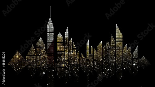 AI-generated illustration of a sparkling nighttime city skyline done pointillist-style in muted colors. MidJourney.