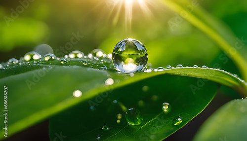 A large water droplet sits glistening on a green leaf, surrounded by smaller droplets, in focus against a blurred background under the sunlight © Simo