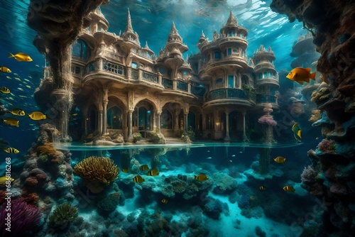 A lavish underwater palace adorned with shimmering crystal formations, surrounded by schools of vibrant, exotic fish. 