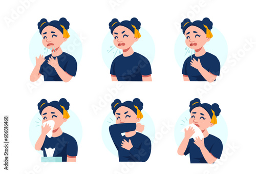 Vector of a girl sneezing and coughing wrong and correct ways of doing it. Medical poster, advice on how to sneeze properly