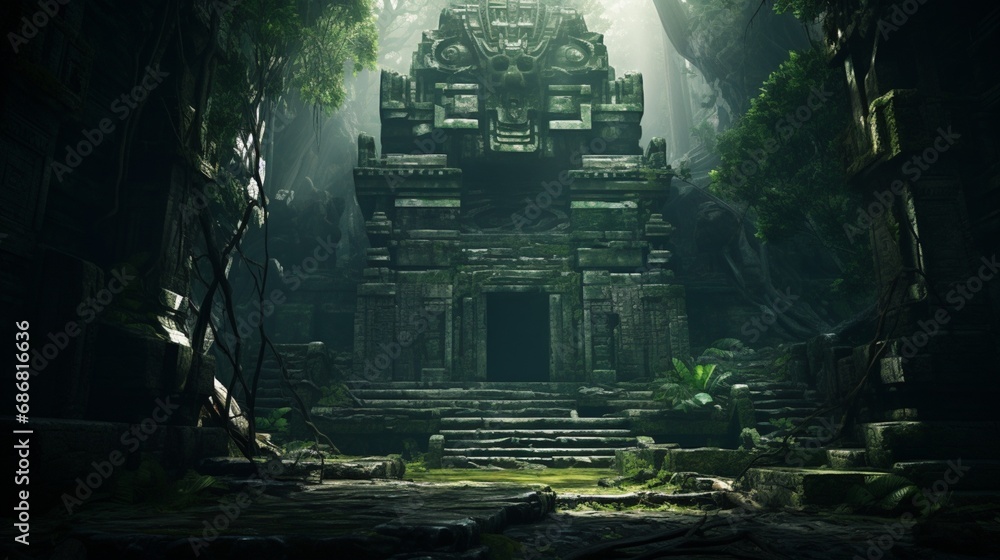 An ancient, mystical temple hidden deep within a lush, emerald jungle, its stone carvings weathered by time - obrazy, fototapety, plakaty 