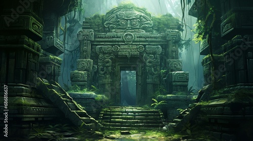 An ancient, mystical temple hidden deep within a lush, emerald jungle, its stone carvings weathered by time