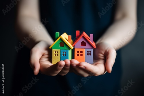 Buying a house, building repair and mortgage concept. Estimation real estate property with loan money and banking. Man or woman holding a house in hands