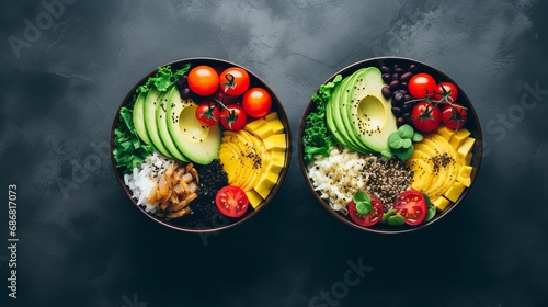 A close-up of the top of bowls with veggies and fruit in a copy space.