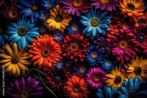 A captivating close-up image featuring a bunch of vibrant, colorful flowers adorned with glistening water droplets. 