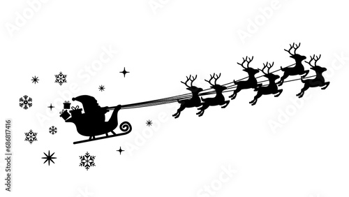 Santa Claus flying in sleigh harnessed with reindeer. Christmas symbol. Black on white isolated graphic silhouette.