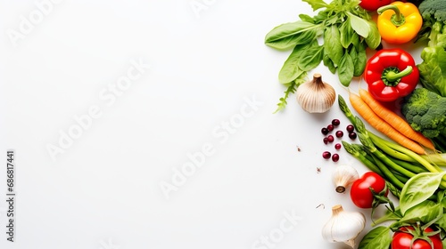Above, there is an inscription about healthy living on a spiral notebook, alongside a white pot and a collection of fresh vegetables for vegetarian dinner cooking on a white background.