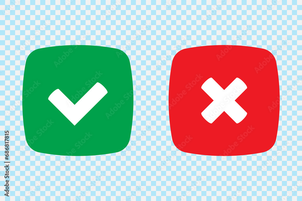 Green tick and red cross checkmarks in flat icons. Yes or no symbol, approved or rejected icon for user interface. Green tick and red cross checkmarks in flat icons. Yes or no symbol, approved or rejected icon for user interface.