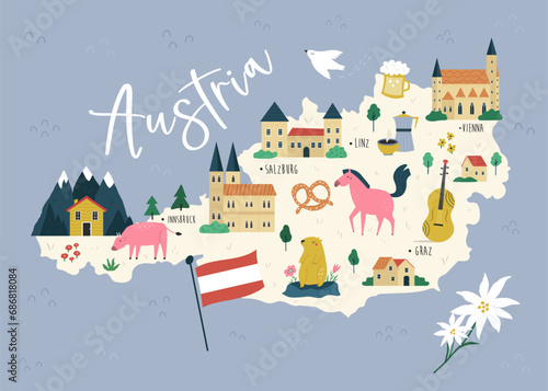 Colorful country map of Austria with famous landmarks, symbols.