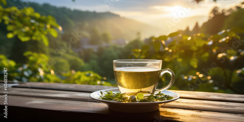 A cup of green tea on a wooden table against the background of the mountains of the rising sun in the mountains