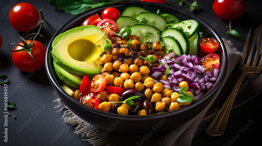 A fresh vegetable salad and chickpeas are included in the vegetarian buddha bowl.