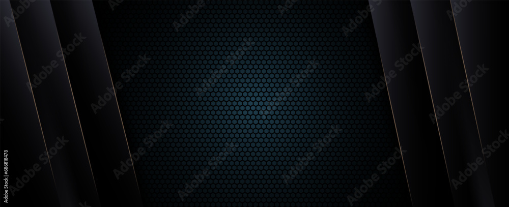 Dark hexagon abstract technology background with bright flashes of gold under the hexagon.. - obrazy, fototapety, plakaty 