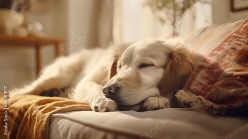 High-resolution imagery captures a dog at rest, its paws tucked neatly beneath its chin as it reclines on the family bed, an emblem of the serene life shared with its human companions.