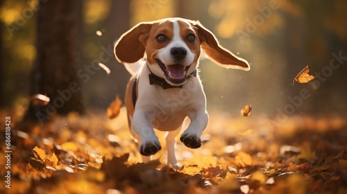 In a high-definition capture, a sprightly beagle leaps amidst a burst of autumn leaves, its eyes alight with vivacity. © Artist