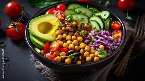A fresh vegetable salad and chickpeas are included in the vegetarian buddha bowl.