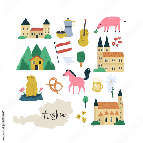 Colorful composition, design with famous symbols, landmarks of Austria