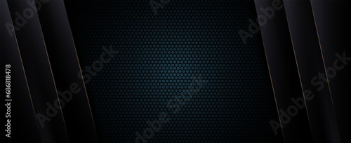 Dark hexagon abstract technology background with bright flashes of gold under the hexagon.. photo